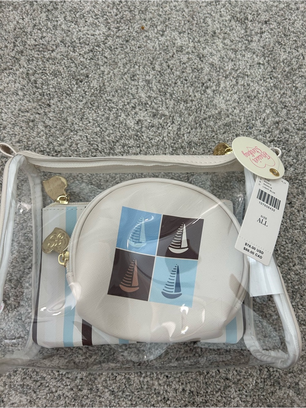 Anthropologie PVC Tote with White and Blue Accent Pouches